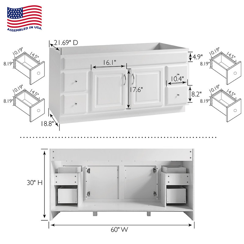 Design House Concord 60 Inch Bathroom Vanity Cabinet, Solid Wood, Fully ...
